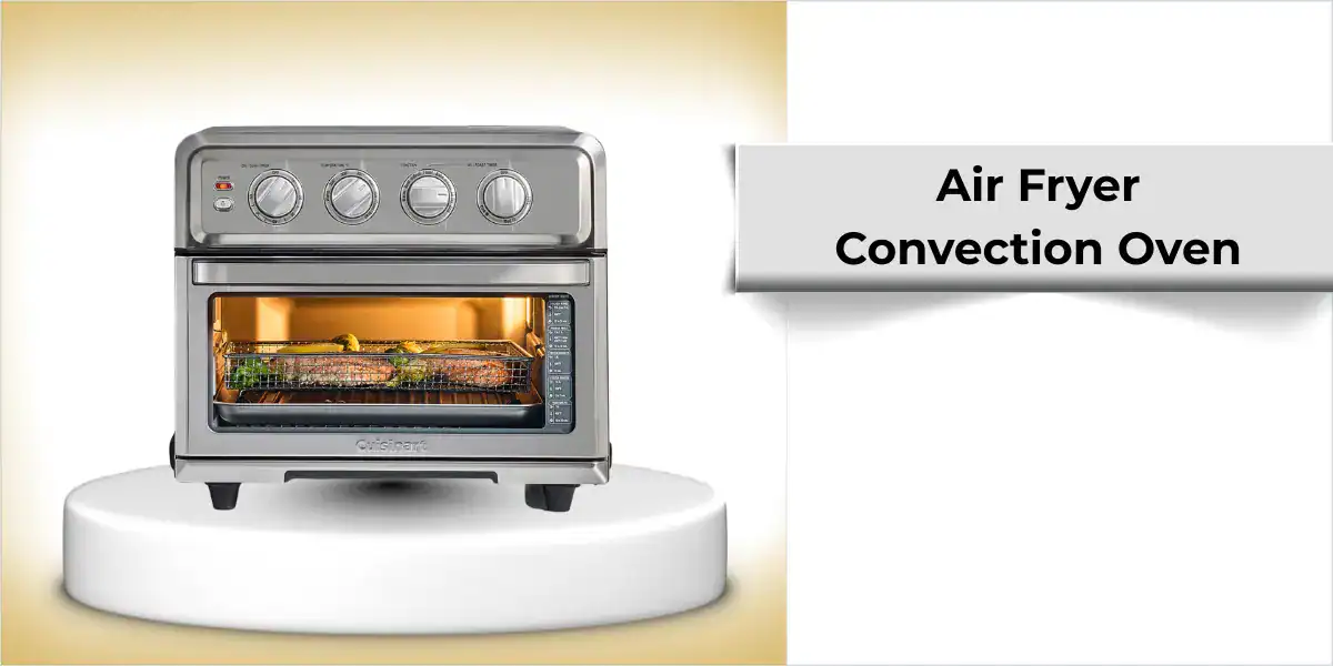 Stainless steel air fryer convection oven with food cooking inside on a countertop display.