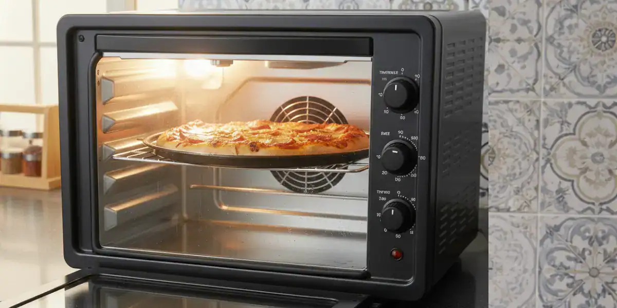 Pizza baking on stone tray inside OTG oven