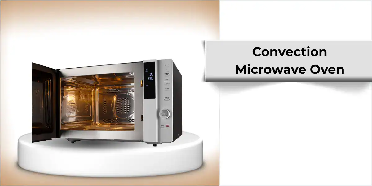 Stainless steel convection microwave oven with illuminated interior and open door.