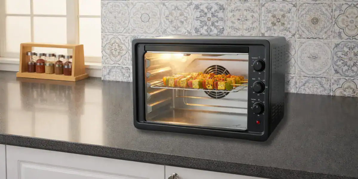 Paneer and vegetables grilling on top rack in OTG oven