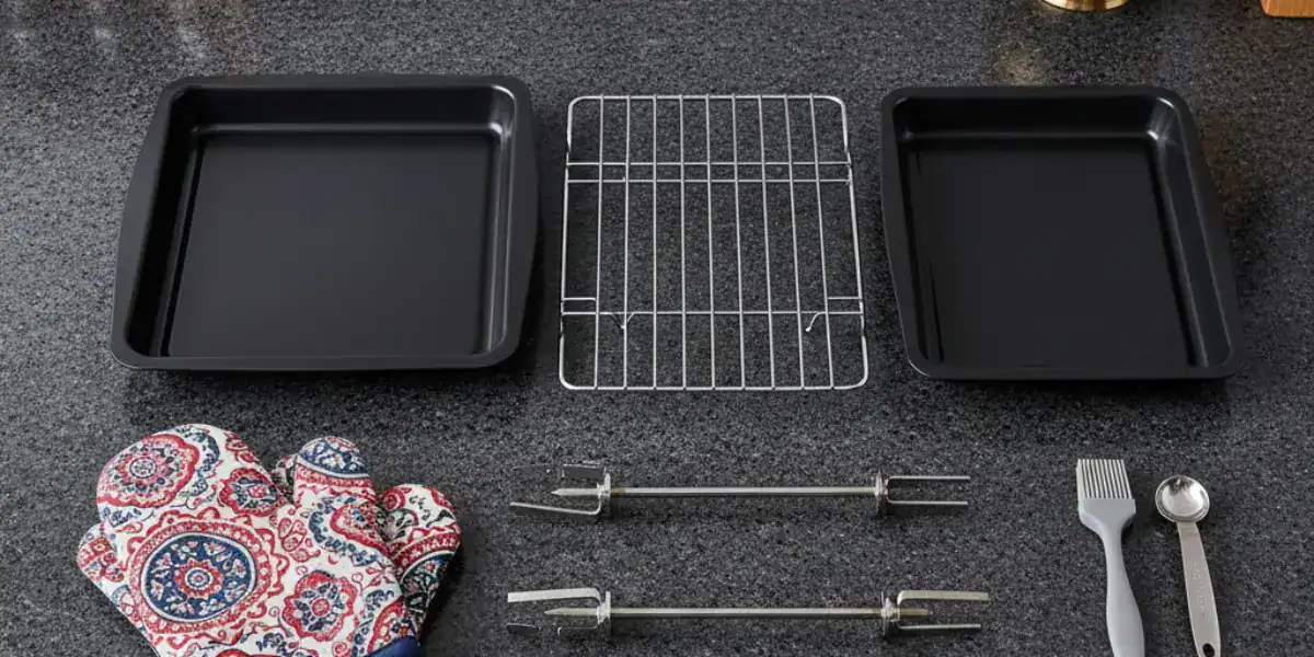 OTG oven accessories: baking tray, wire rack, crumb tray, skewer rods, oven gloves