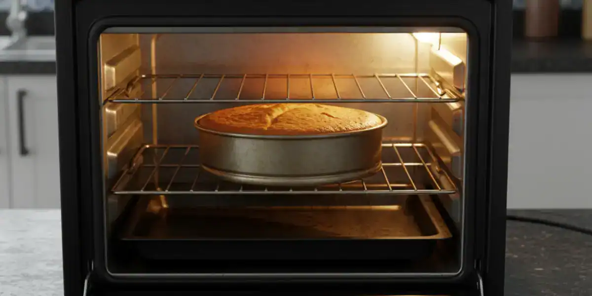 Cake baking inside OTG oven on middle rack