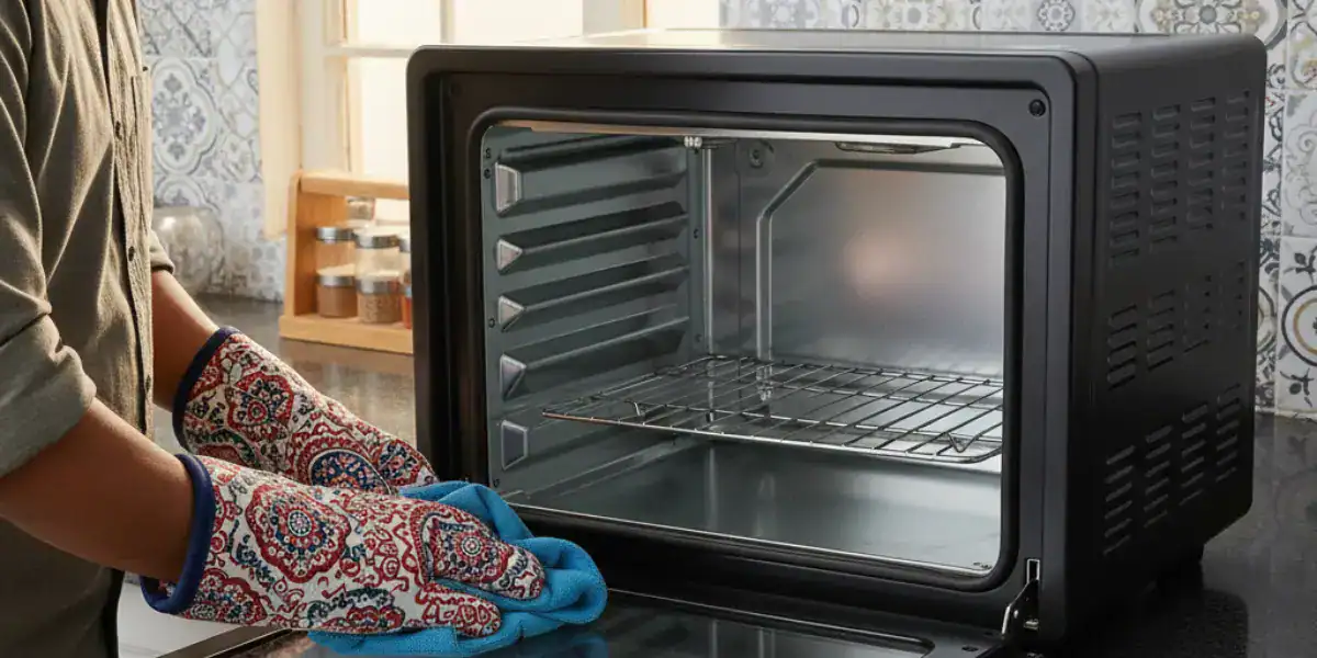 Person cleaning inside OTG oven before first use