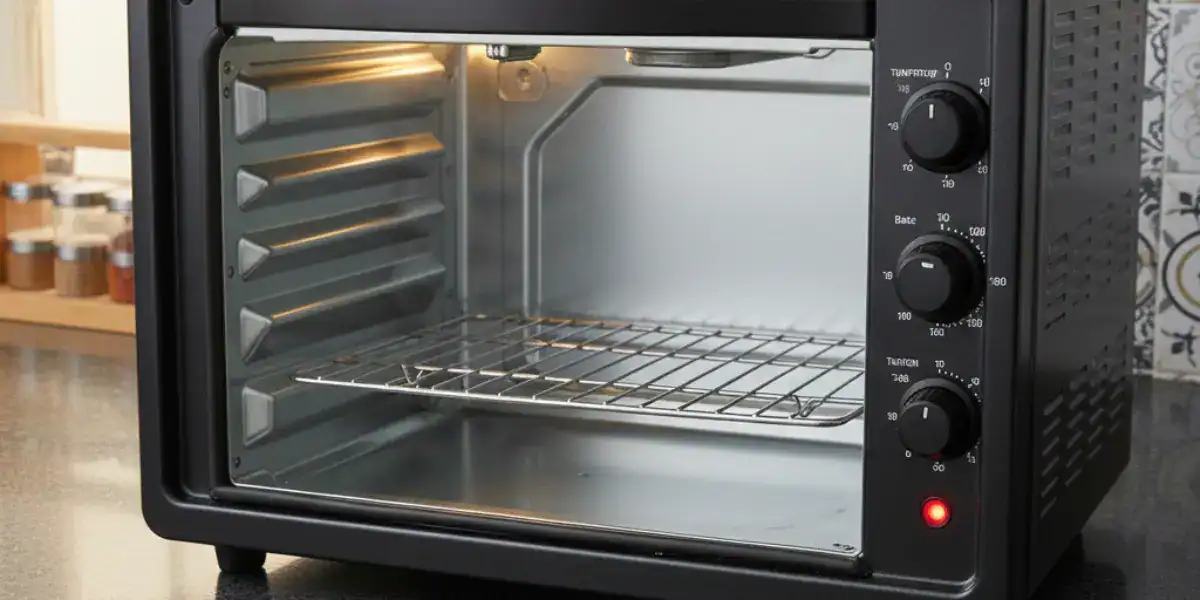 OTG oven preheating at 180°C with indicator light on