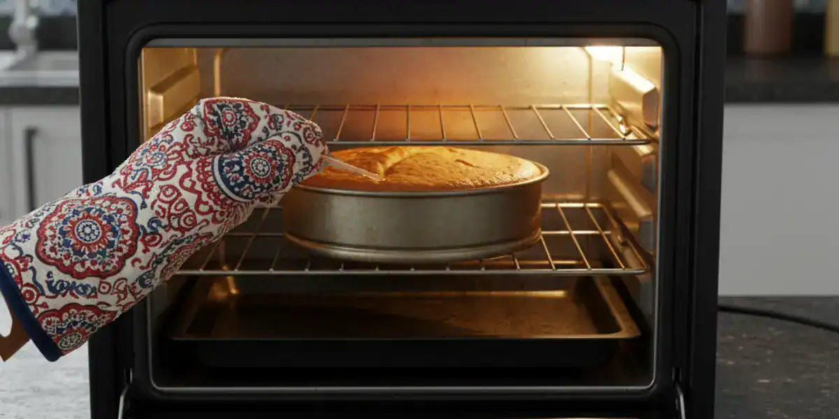 Checking cake doneness with toothpick in OTG oven