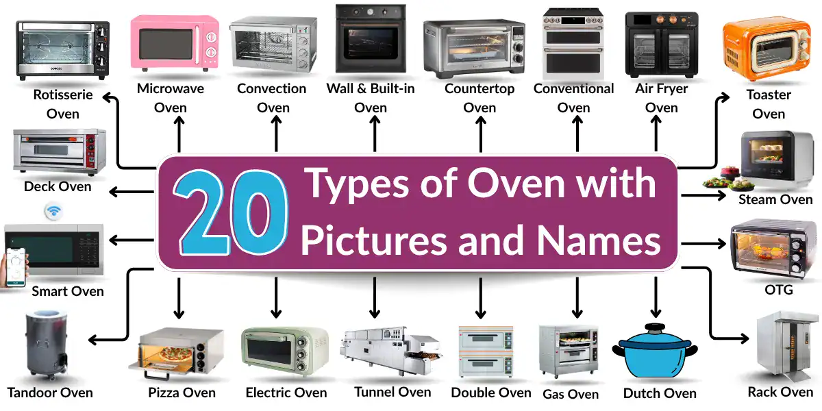 Infographic showing 20 types of oven with pictures and names.