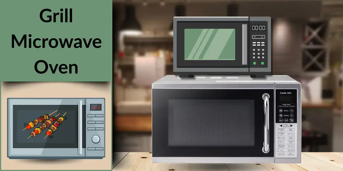 What is grill microwave oven shown with food skewers being grilled inside.
