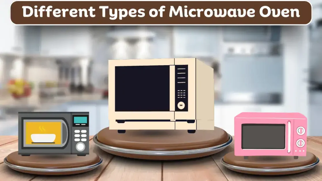 Different types of microwave ovens displayed in a kitchen setting.