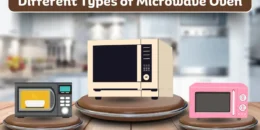 Different types of microwave ovens displayed in a kitchen setting.