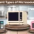 Different types of microwave ovens displayed in a kitchen setting.