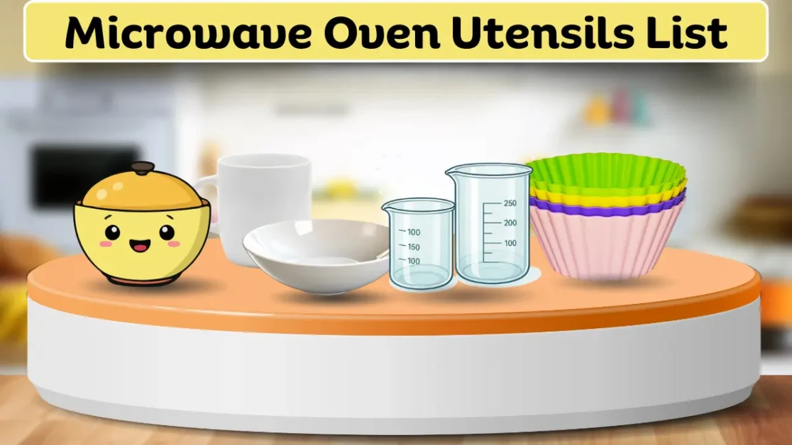 Microwave oven utensils list with images of safe and unsafe utensils
