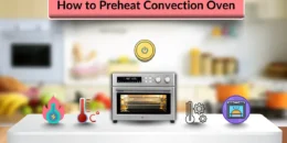 Convection oven preheating steps illustration with icons for mode, temperature, start, signal, and cooking.