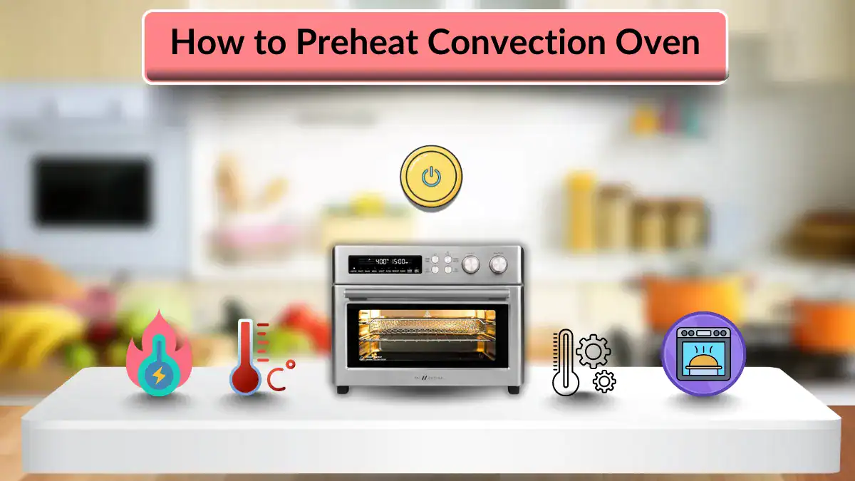 Convection oven preheating steps illustration with icons for mode, temperature, start, signal, and cooking.