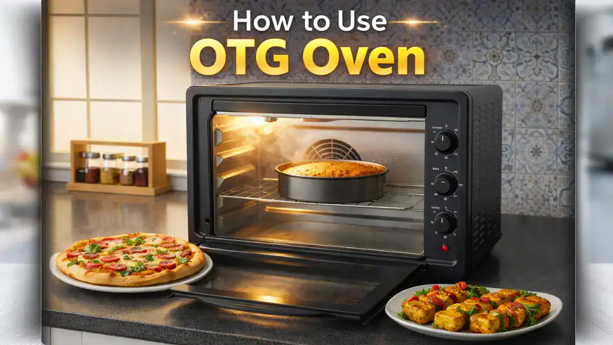 OTG oven baking cake with pizza and grilled paneer, showing easy home cooking