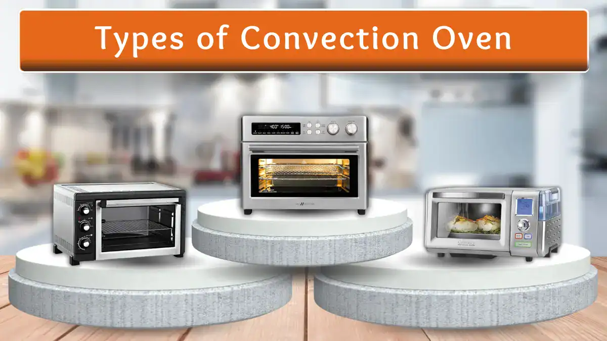 Types of convection ovens shown on podium stands, including toaster, countertop, and microwave convection models.