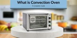 Convection oven on a kitchen counter with a visible internal fan, showing what a convection oven is.